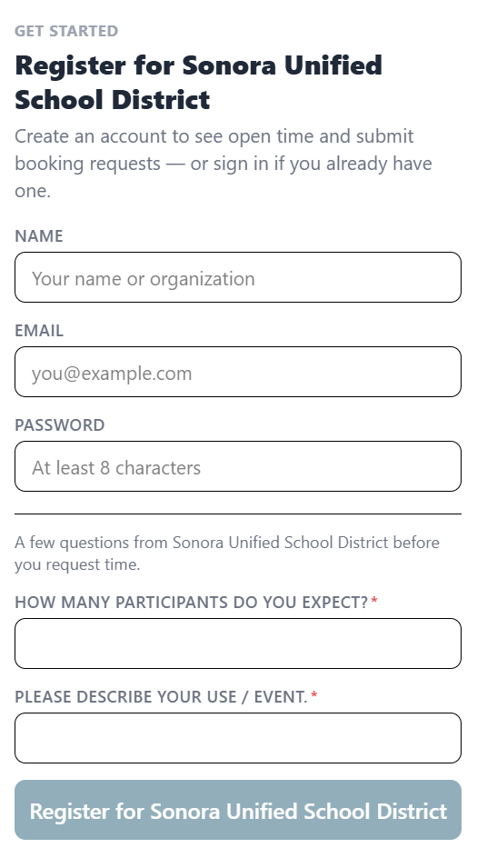 Registration questionnaire answered by a new group at sign-up