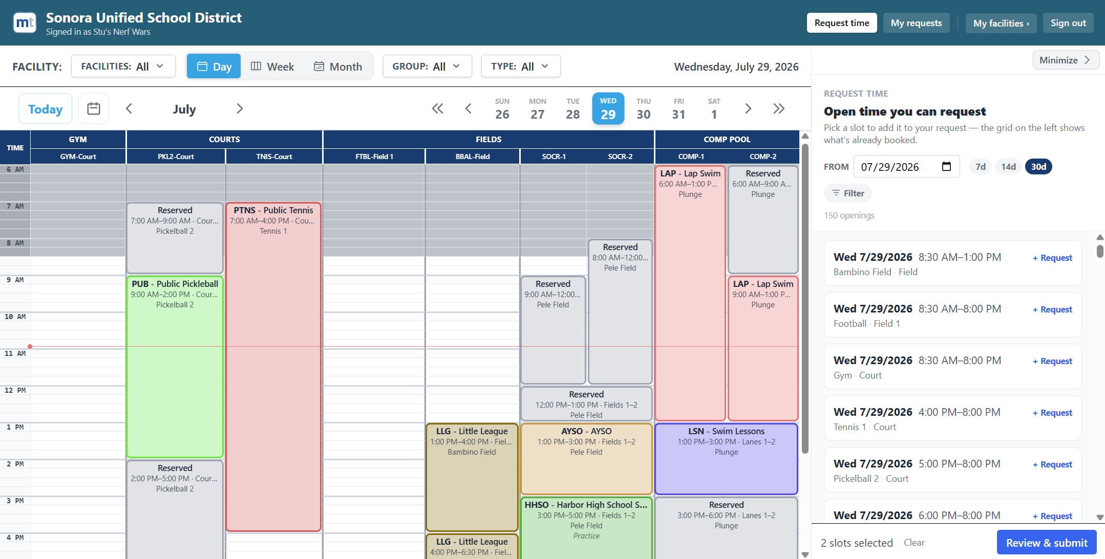 Self-service portal showing the schedule beside a list of open times